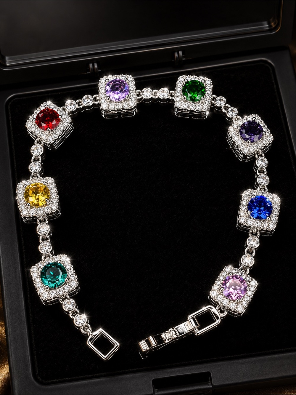 Multi-Color Square Halo Gemstone Bracelet